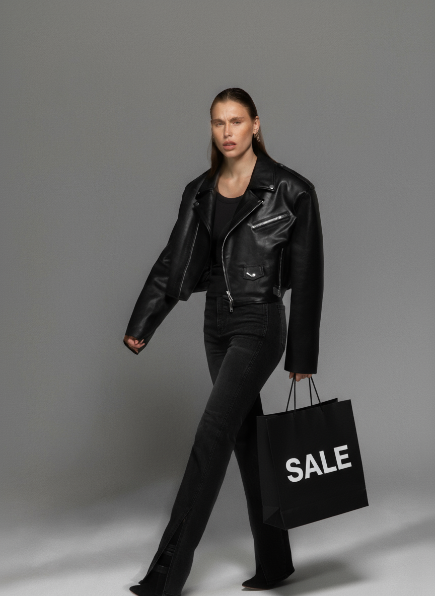 Firefly_Gemini Flash_Add a black glossy shopping bag in the girl's hand, with the word -SALE- in bold mode 36655